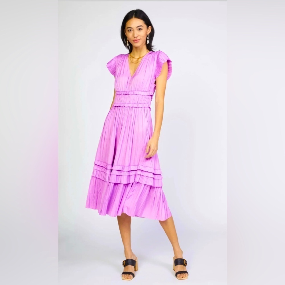 Current Air Sereia V-neck Pleated MIDI Dress Size M Dusty Pink Silky Feminine